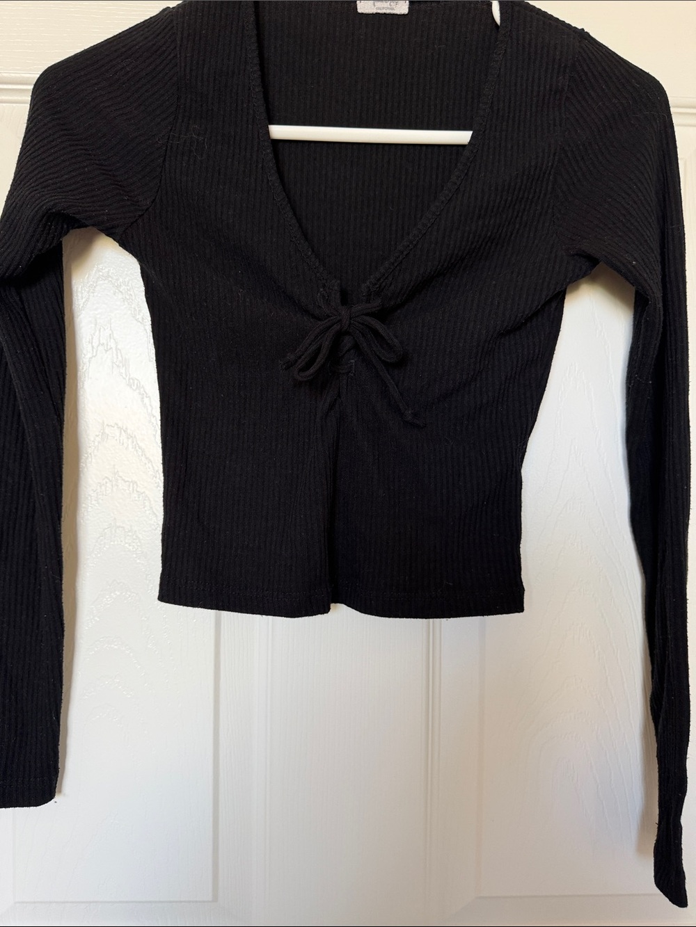 Brandy Melville Black Ribbed Long-Sleeve Tie-Front Top
